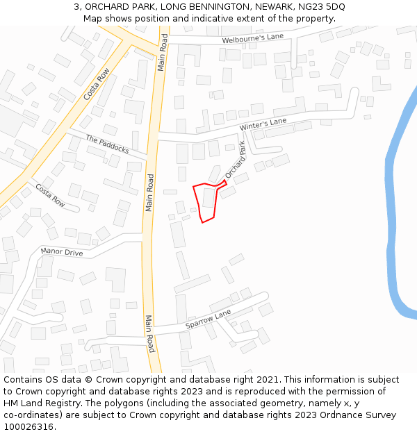 3, ORCHARD PARK, LONG BENNINGTON, NEWARK, NG23 5DQ: Location map and indicative extent of plot