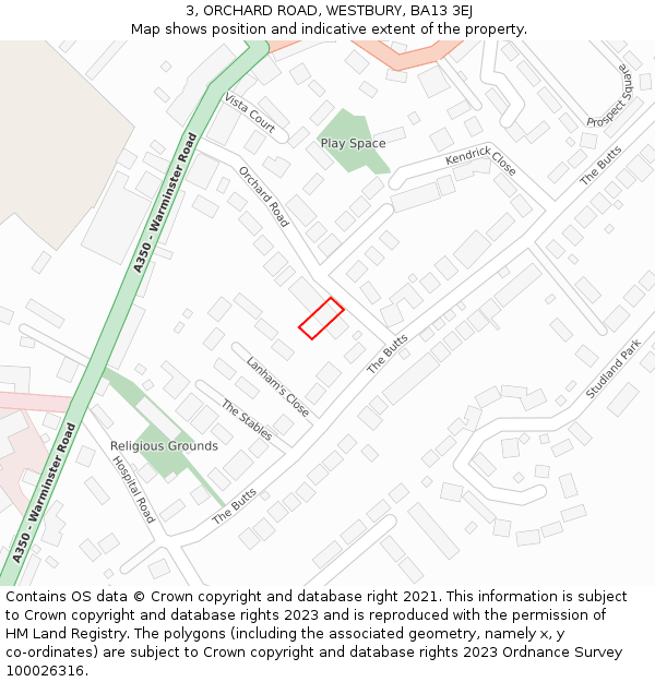 3, ORCHARD ROAD, WESTBURY, BA13 3EJ: Location map and indicative extent of plot