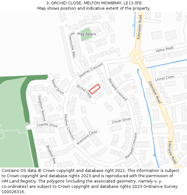 3, ORCHID CLOSE, MELTON MOWBRAY, LE13 0FE: Location map and indicative extent of plot