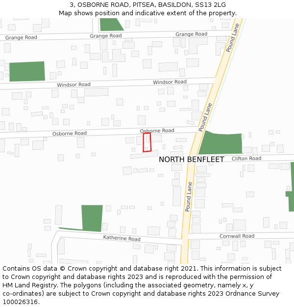 3, OSBORNE ROAD, PITSEA, BASILDON, SS13 2LG: Location map and indicative extent of plot