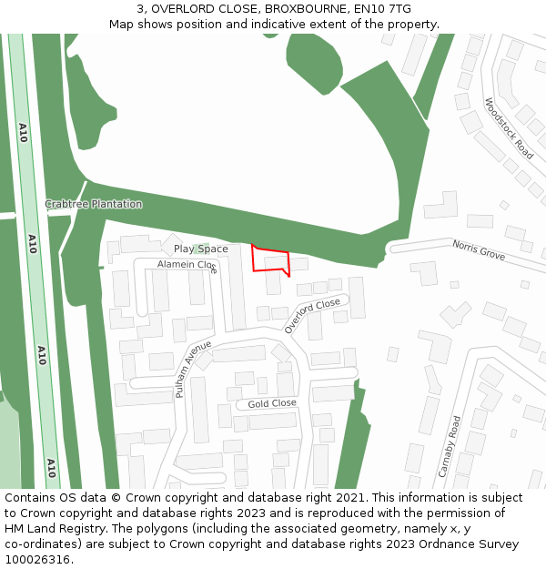 3, OVERLORD CLOSE, BROXBOURNE, EN10 7TG: Location map and indicative extent of plot