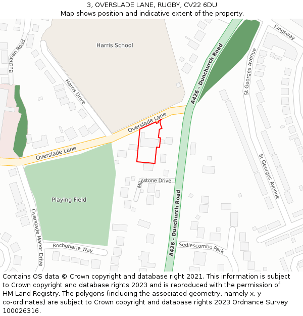 3, OVERSLADE LANE, RUGBY, CV22 6DU: Location map and indicative extent of plot