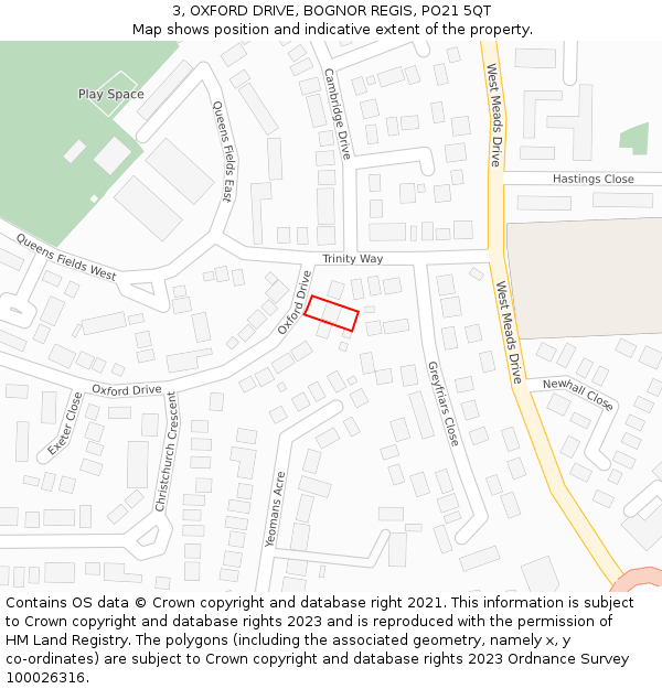 3, OXFORD DRIVE, BOGNOR REGIS, PO21 5QT: Location map and indicative extent of plot