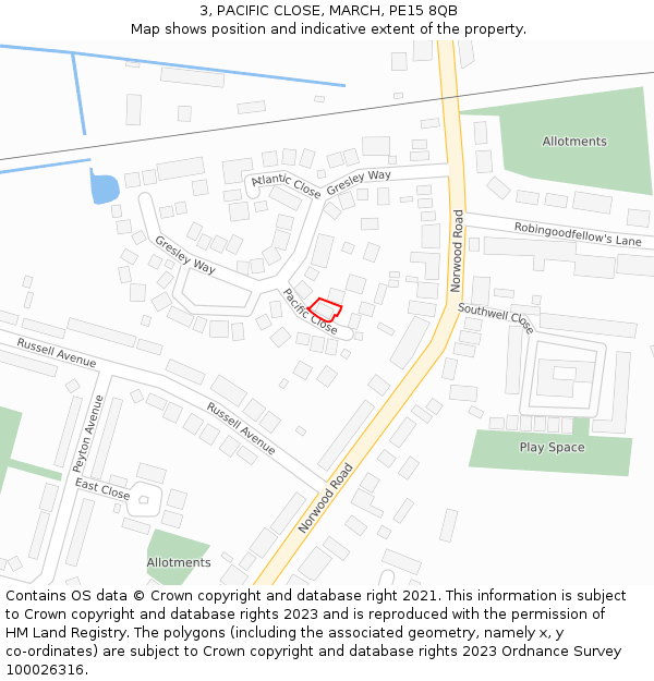 3, PACIFIC CLOSE, MARCH, PE15 8QB: Location map and indicative extent of plot