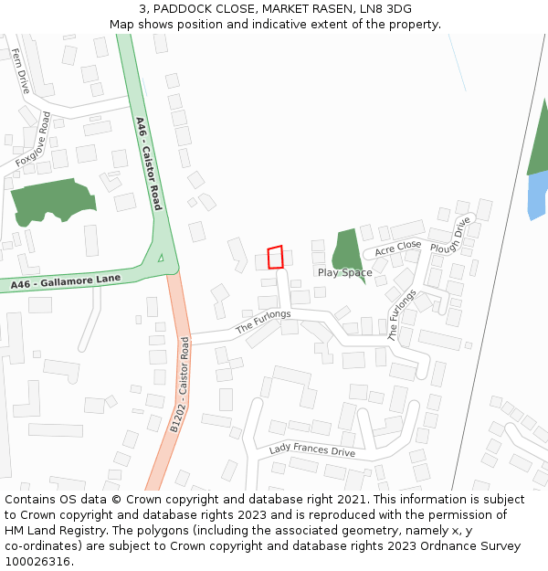 3, PADDOCK CLOSE, MARKET RASEN, LN8 3DG: Location map and indicative extent of plot