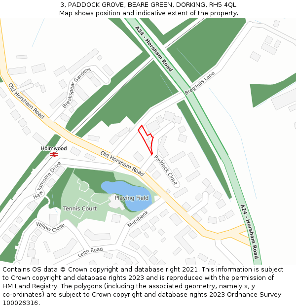 3, PADDOCK GROVE, BEARE GREEN, DORKING, RH5 4QL: Location map and indicative extent of plot