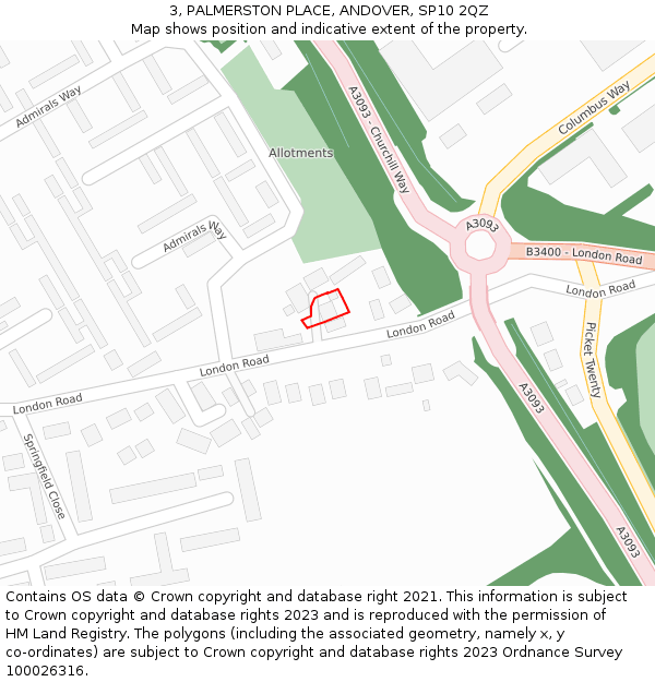 3, PALMERSTON PLACE, ANDOVER, SP10 2QZ: Location map and indicative extent of plot