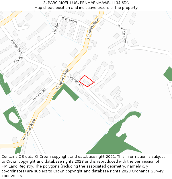 3, PARC MOEL LUS, PENMAENMAWR, LL34 6DN: Location map and indicative extent of plot