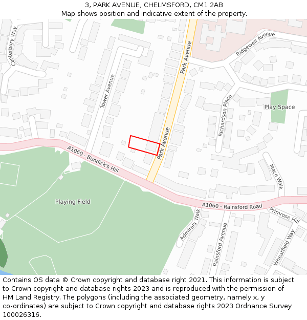 3, PARK AVENUE, CHELMSFORD, CM1 2AB: Location map and indicative extent of plot