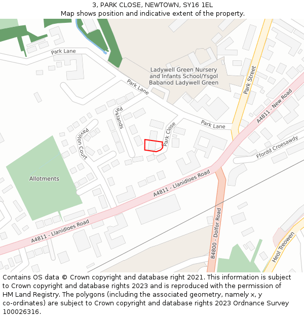 3, PARK CLOSE, NEWTOWN, SY16 1EL: Location map and indicative extent of plot