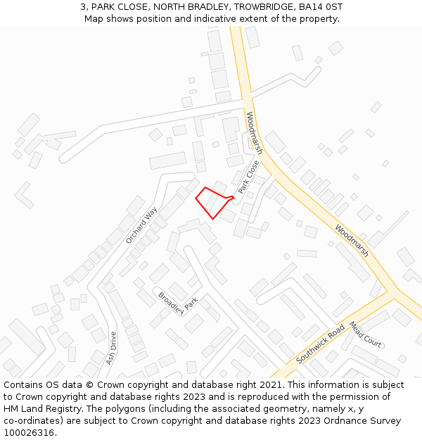 3, PARK CLOSE, NORTH BRADLEY, TROWBRIDGE, BA14 0ST: Location map and indicative extent of plot