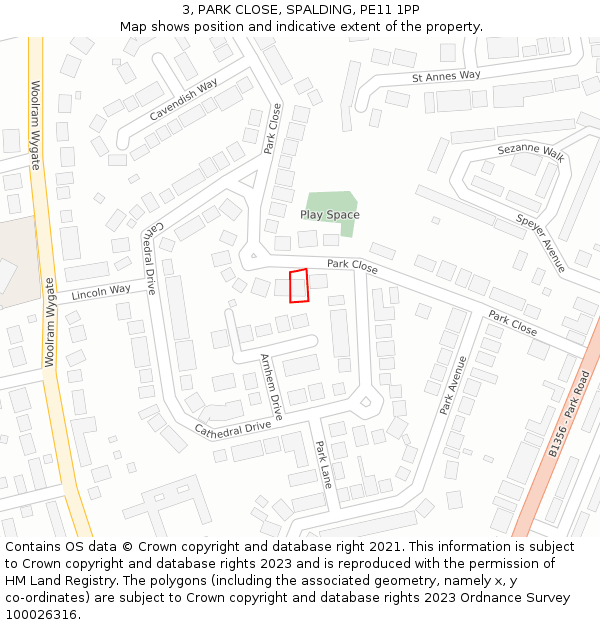 3, PARK CLOSE, SPALDING, PE11 1PP: Location map and indicative extent of plot