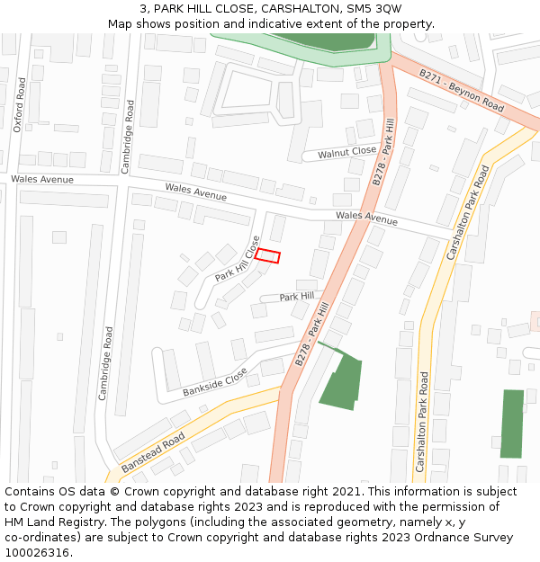 3, PARK HILL CLOSE, CARSHALTON, SM5 3QW: Location map and indicative extent of plot