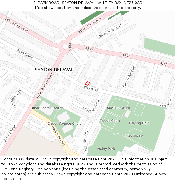 3, PARK ROAD, SEATON DELAVAL, WHITLEY BAY, NE25 0AD: Location map and indicative extent of plot