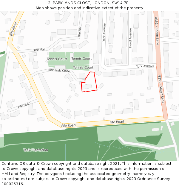 3, PARKLANDS CLOSE, LONDON, SW14 7EH: Location map and indicative extent of plot