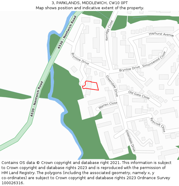 3, PARKLANDS, MIDDLEWICH, CW10 0PT: Location map and indicative extent of plot