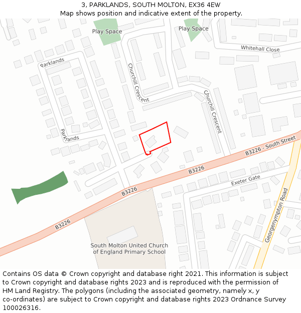 3, PARKLANDS, SOUTH MOLTON, EX36 4EW: Location map and indicative extent of plot