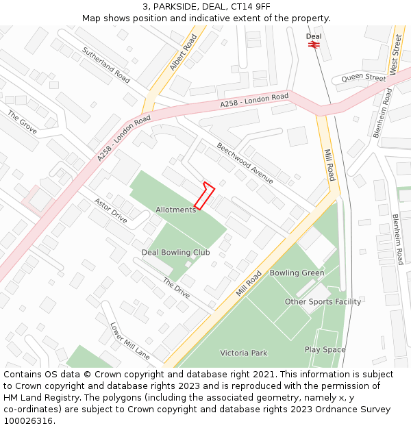 3, PARKSIDE, DEAL, CT14 9FF: Location map and indicative extent of plot