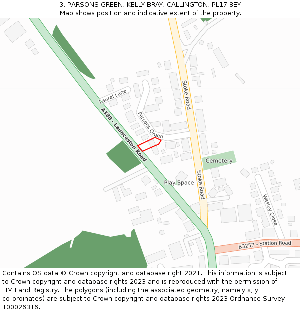 3, PARSONS GREEN, KELLY BRAY, CALLINGTON, PL17 8EY: Location map and indicative extent of plot