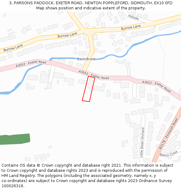 3, PARSONS PADDOCK, EXETER ROAD, NEWTON POPPLEFORD, SIDMOUTH, EX10 0FD: Location map and indicative extent of plot