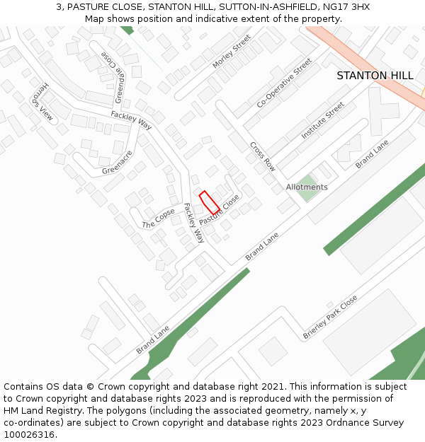 3, PASTURE CLOSE, STANTON HILL, SUTTON-IN-ASHFIELD, NG17 3HX: Location map and indicative extent of plot