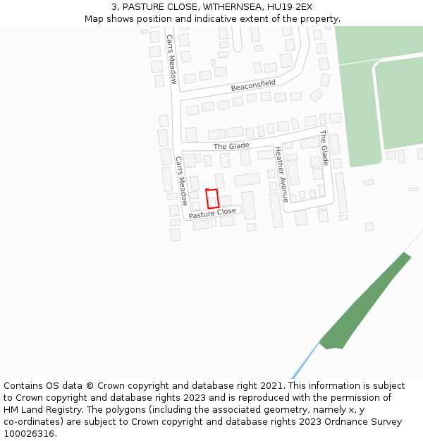 3, PASTURE CLOSE, WITHERNSEA, HU19 2EX: Location map and indicative extent of plot