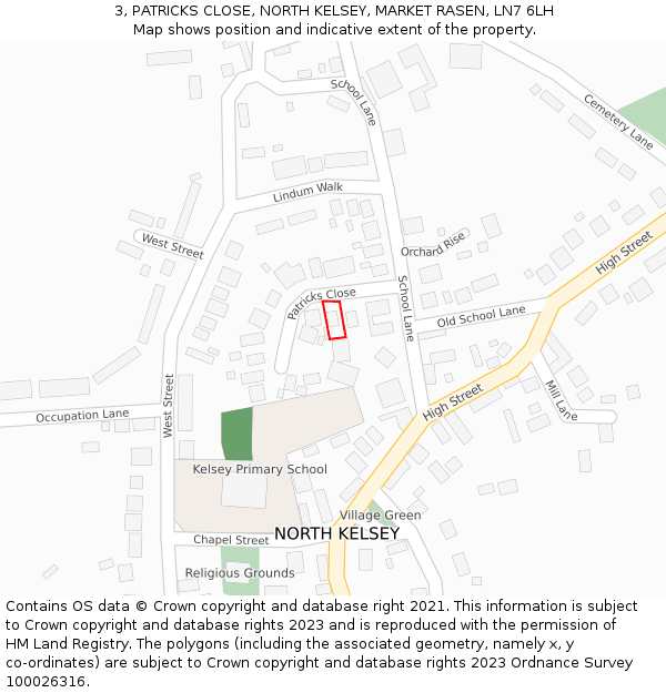 3, PATRICKS CLOSE, NORTH KELSEY, MARKET RASEN, LN7 6LH: Location map and indicative extent of plot