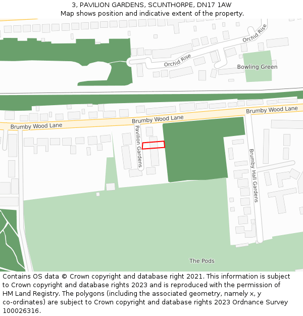 3, PAVILION GARDENS, SCUNTHORPE, DN17 1AW: Location map and indicative extent of plot