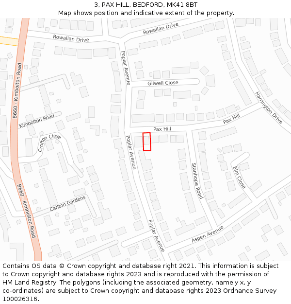 3, PAX HILL, BEDFORD, MK41 8BT: Location map and indicative extent of plot