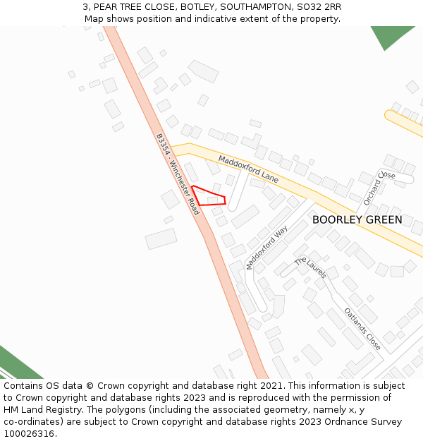 3, PEAR TREE CLOSE, BOTLEY, SOUTHAMPTON, SO32 2RR: Location map and indicative extent of plot