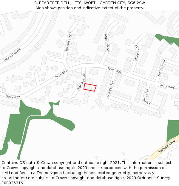 3, PEAR TREE DELL, LETCHWORTH GARDEN CITY, SG6 2SW: Location map and indicative extent of plot