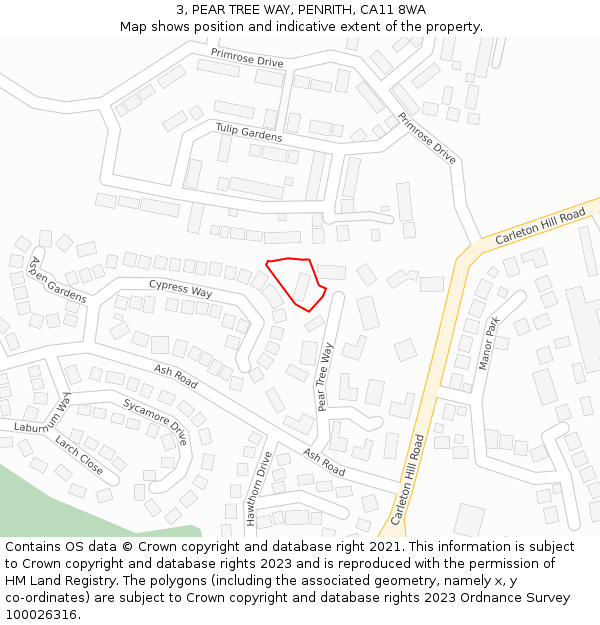 3, PEAR TREE WAY, PENRITH, CA11 8WA: Location map and indicative extent of plot