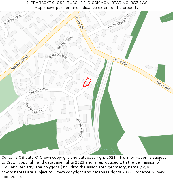 3, PEMBROKE CLOSE, BURGHFIELD COMMON, READING, RG7 3YW: Location map and indicative extent of plot