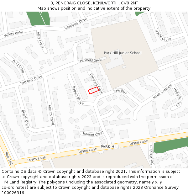 3, PENCRAIG CLOSE, KENILWORTH, CV8 2NT: Location map and indicative extent of plot