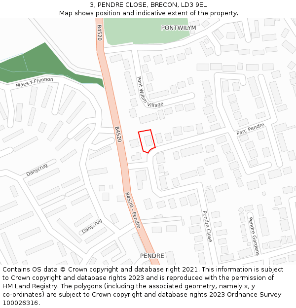 3, PENDRE CLOSE, BRECON, LD3 9EL: Location map and indicative extent of plot