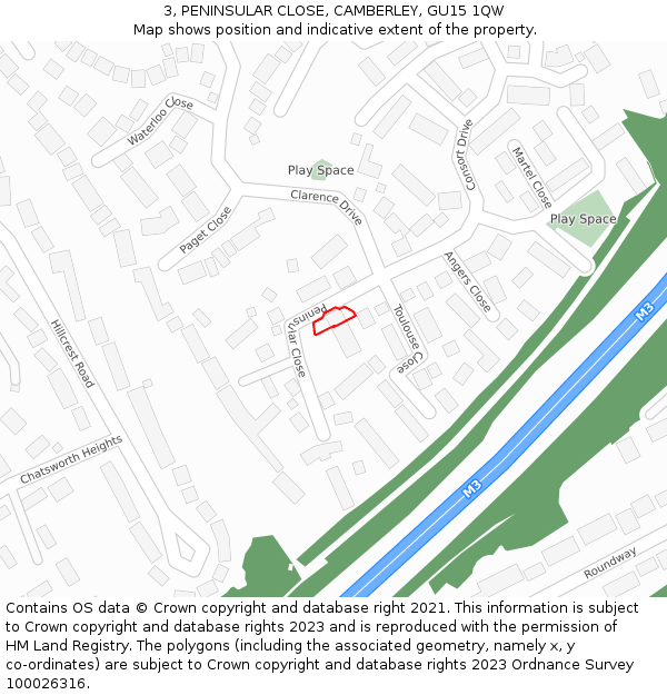 3, PENINSULAR CLOSE, CAMBERLEY, GU15 1QW: Location map and indicative extent of plot