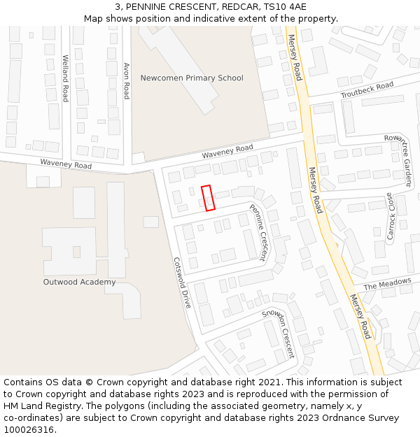 3, PENNINE CRESCENT, REDCAR, TS10 4AE: Location map and indicative extent of plot