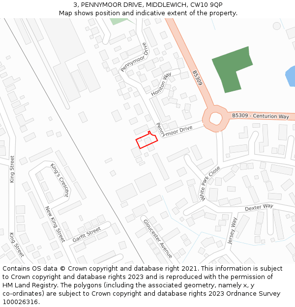 3, PENNYMOOR DRIVE, MIDDLEWICH, CW10 9QP: Location map and indicative extent of plot