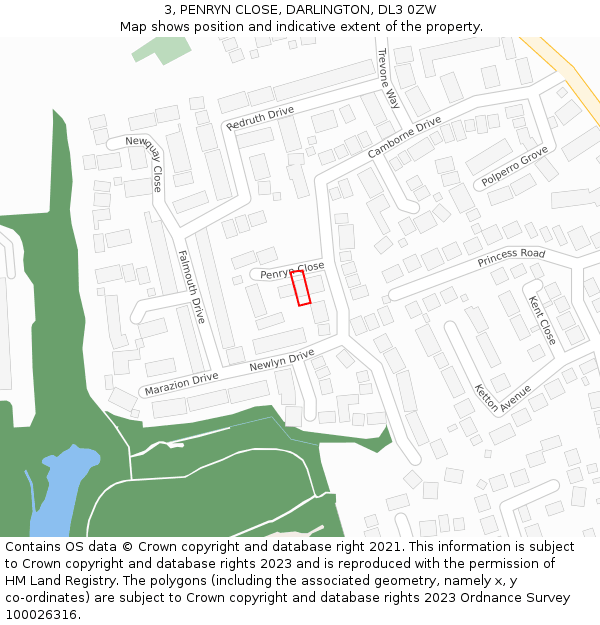 3, PENRYN CLOSE, DARLINGTON, DL3 0ZW: Location map and indicative extent of plot