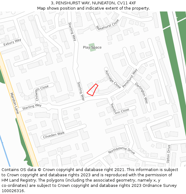 3, PENSHURST WAY, NUNEATON, CV11 4XF: Location map and indicative extent of plot