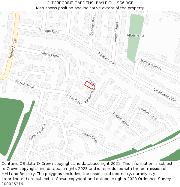 3, PEREGRINE GARDENS, RAYLEIGH, SS6 9GR: Location map and indicative extent of plot