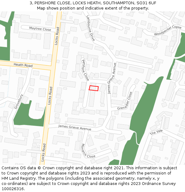 3, PERSHORE CLOSE, LOCKS HEATH, SOUTHAMPTON, SO31 6UF: Location map and indicative extent of plot