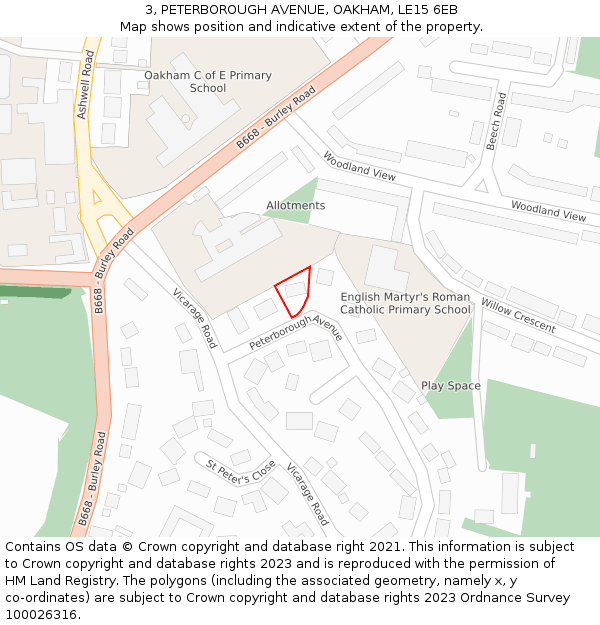 3, PETERBOROUGH AVENUE, OAKHAM, LE15 6EB: Location map and indicative extent of plot