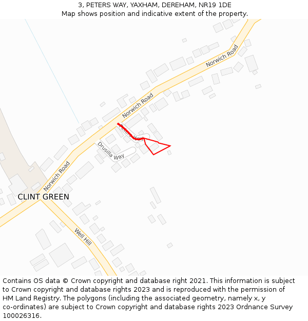 3, PETERS WAY, YAXHAM, DEREHAM, NR19 1DE: Location map and indicative extent of plot