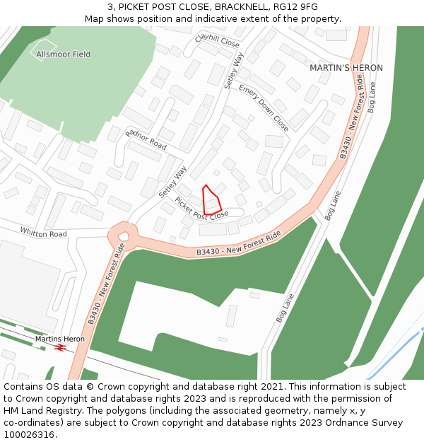 3, PICKET POST CLOSE, BRACKNELL, RG12 9FG: Location map and indicative extent of plot