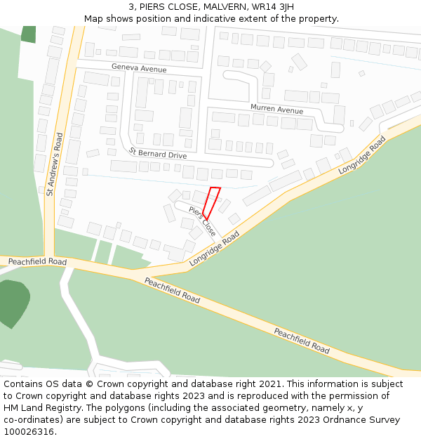 3, PIERS CLOSE, MALVERN, WR14 3JH: Location map and indicative extent of plot
