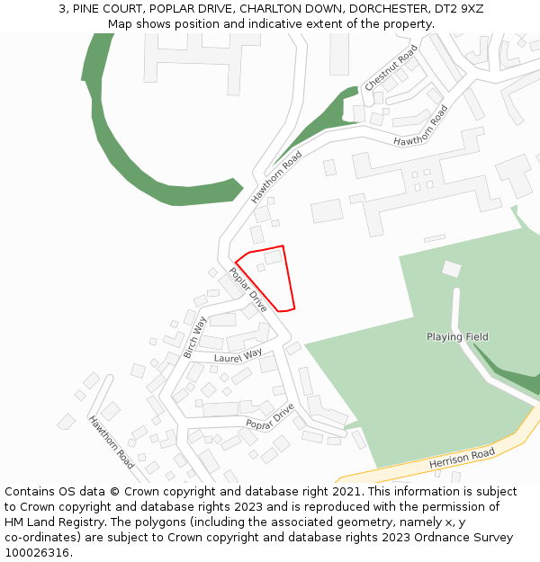 3, PINE COURT, POPLAR DRIVE, CHARLTON DOWN, DORCHESTER, DT2 9XZ: Location map and indicative extent of plot