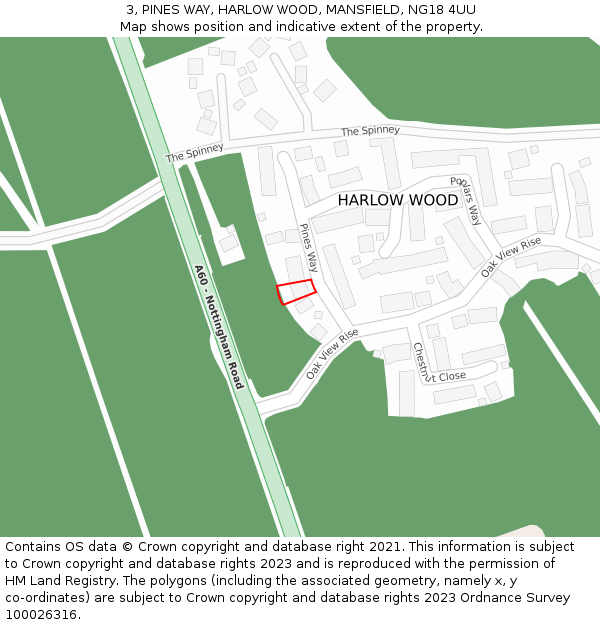 3, PINES WAY, HARLOW WOOD, MANSFIELD, NG18 4UU: Location map and indicative extent of plot