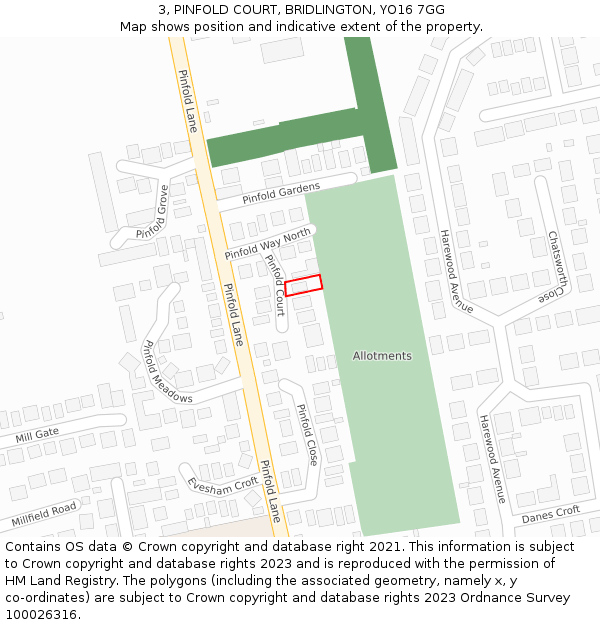 3, PINFOLD COURT, BRIDLINGTON, YO16 7GG: Location map and indicative extent of plot