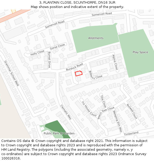 3, PLANTAIN CLOSE, SCUNTHORPE, DN16 3UR: Location map and indicative extent of plot